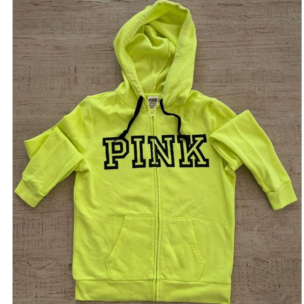 Victoria Secret's Pink Y2k Zip Up Hoodie In Highlighter Yellow Size Small
